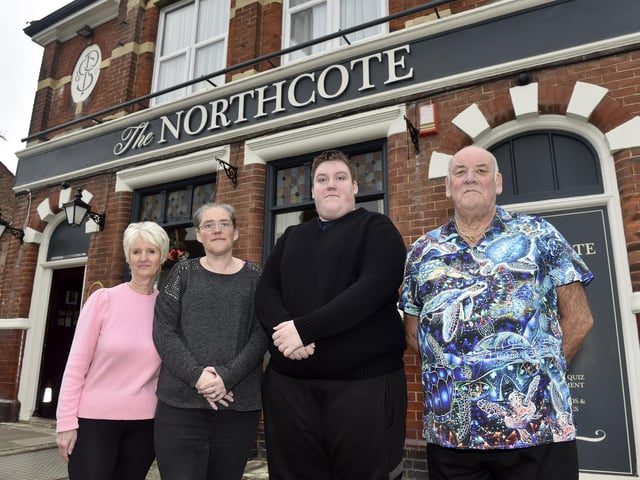 Landlords of The Northcote in Francis Avenue, Southsea, Barry Kewell (75) and wife Lynn (68) have been in the local pub trade 40 years and are thought to be the longest serving landlords in the city and maybe Hampshire.Pictured is: (l-r) Lynn Kewell (68) with daughter Samantha Kewell (41), grandson Jordan Kewell (18) and husband Barry Kewell (75).Picture: Sarah Standing (121224-7708)