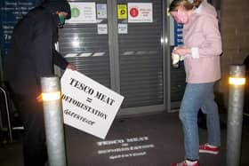 A message stencilled in yellow colour chalk, reading ‘Tesco meat = deforestation’ appears outside the supermarket’s branch in Crosspool as part of a nationwide protest at 270 stores, including two in Portsmouth. Picture: Greenpeace