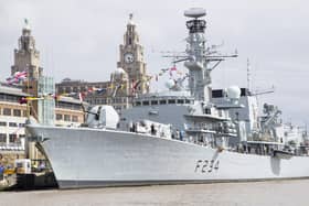 HMS Iron Duke docked alongside Liverpool on Armed Forces Day with the Royal Liver Building in the background. Picture: PO Phot Owen Cooban/Royal Navy.