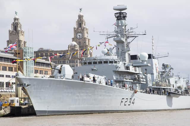 HMS Iron Duke docked alongside Liverpool on Armed Forces Day with the Royal Liver Building in the background. Picture: PO Phot Owen Cooban/Royal Navy.