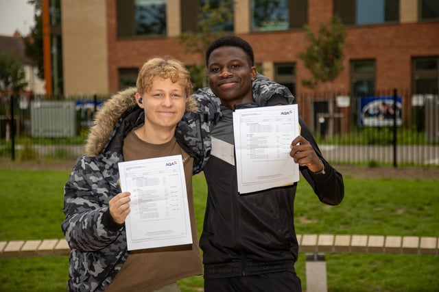 Students from Mayfield School received their GCSE results on Thursday morning.

Pictured - Friends Leon Harding, 16 and Abdul Olayiwola, 16 celebrating together 

Photos by Alex Shute