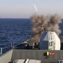 HMS Duncan 4.5 Gun being fired as part of the Gunnery Serial coordinated with FS Chevalier Paul and ITS Luigi Rizzo.  
