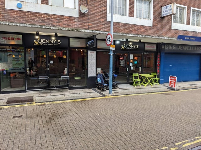 Jenny's is an independent cafe on Charlotte Street - just off Commercial Road - which sells coffee, tea and food for breakfast and lunch.
