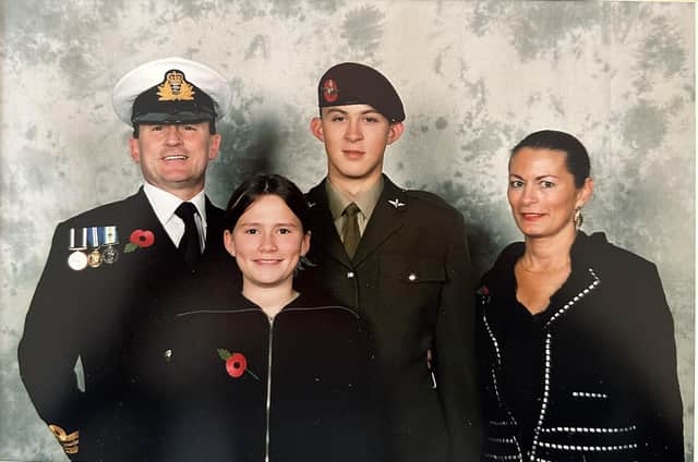 Sgt Dean Walton's passing out parade for 3 Para, from left Stephen Sugden (step-dad), Antonia Sugden (step-sister), Dean Walton and Janet Sugden (mum).