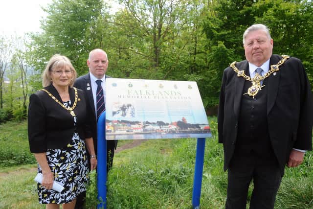 The Royal Naval Association held a dedication cermony with the Lord Mayor of Portsmouth Frank Jonas, at the Falklands Memorial Plantation on Portsdown Hill Road, Portsmouth, on Monday, May 9.

Pictured is: (l-r) The mayoress of Portsmouth Joy Maddox, David MacAskill and the Lord Mayor of Portsmouth Frank Jonas.

Picture: Sarah Standing (090522-3625)
