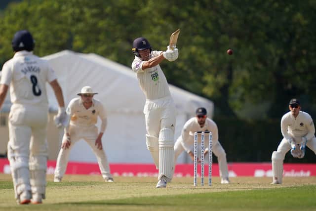 Hampshire's Joe Weatherley on his way to 98 during the second day of the Bob Willis Trophy tie against Middlesex at Radlett.