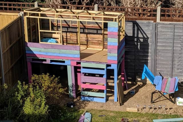 Ashley Gill from Portsmouth has been shortlisted in the top 10 for upcycler of the year for his treehouse he created for his three-year-old son Elliot. Pictured as a work in progress