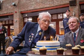 World War Two veteran Bernard Beckett visits HMS Collingwood to celebrate his birthday on Monday 31st October 2022

Pictured: Bernard Beckett blowing out the candles of his cake at HMS Collingwood, Gosport

Picture: Habibur Rahman