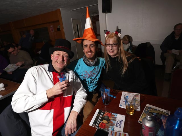 Gosport Winterfest 2024, Thorngate Halls, Gosport. Bury Road, Gosport, Hampshire.Pictured is (L-R) Mark Hampton, Alberto Quintana and Natalie Hampton-Kettle. Saturday 2nd March 2024.Picture: Sam Stephenson.