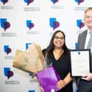 Award winner Janani Sivabalan with UoP Vice-Chancellor Professor Graham Galbraith CBE at the 2022 ceremony. Janani went above and beyond her role to plan and execute dental clinics specifically for the homeless population of Portsmouth.