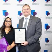 Award winner Janani Sivabalan with UoP Vice-Chancellor Professor Graham Galbraith CBE at the 2022 ceremony. Janani went above and beyond her role to plan and execute dental clinics specifically for the homeless population of Portsmouth.