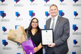 Award winner Janani Sivabalan with UoP Vice-Chancellor Professor Graham Galbraith CBE at the 2022 ceremony. Janani went above and beyond her role to plan and execute dental clinics specifically for the homeless population of Portsmouth.