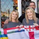 England fans gathered at the Milton Arms in Portsmouth on Sunday evening to watch England's opening game against Serbia in Euro 2024.Pictured - Tracey Ford, Landlady Christina Sloan, Landlord Dan Smith and fan Gemma WilliamPhotos by Alex Shute