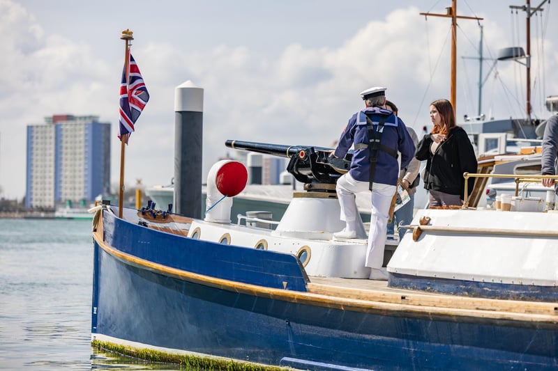 Visitors aboard the historic craft in Portsmouth Harbour. Picture: Mike Cooter (08042023)