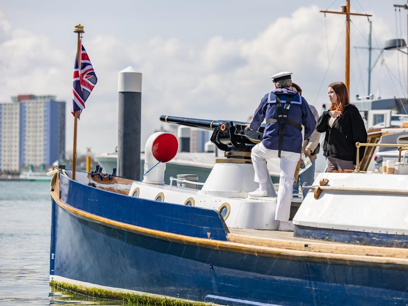 Visitors aboard the historic craft in Portsmouth Harbour. Picture: Mike Cooter (08042023)