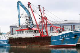 The Honeybourne 3, a Scottish scallop dredger, in dock at Shoreham, West Sussex, following clashes with French fishermen in the English Channel in August 2018. Photo: Andrew Matthews/PA Wire