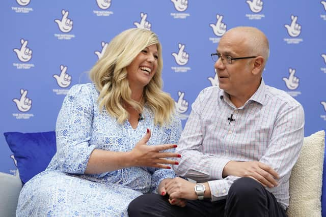 Joe and Jess Thwaite celebrate after winning the record-breaking EuroMillions jackpot of £184m. Picture: Andrew Matthews/PA Wire