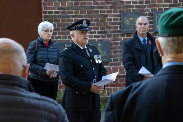 Inspector Kelvin Shipp of Hampshire Constabulary addressed the gathering on Tuesday morning outside the D-Day Story museum in Southsea. Picture: Alex Shute
