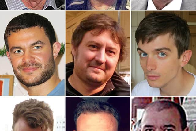 Nine of the Shoreham air crash victims (top row left to right) Graham Mallinson, Mark Trussler and Maurice Abrahams, (middle row left to right) Matthew Grimstone, Dylan Archer and Richard Smith, (bottom row left to right) Tony Brightwell, Matt Jones and Mark Reeves. PA/PA Wire