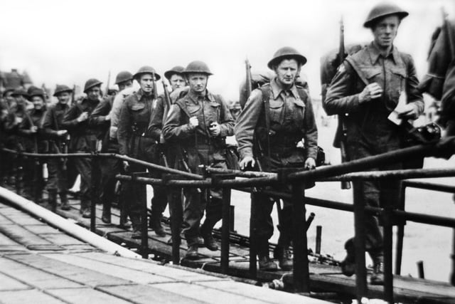 June 5, 1944 of the British troops embarking at Southsea, Portsmouth in England, before a landing craft on June 6, 1944 while Allied forces storm the Normandy beaches on D-Day. (Photo credit should read -/AFP/Getty Images)