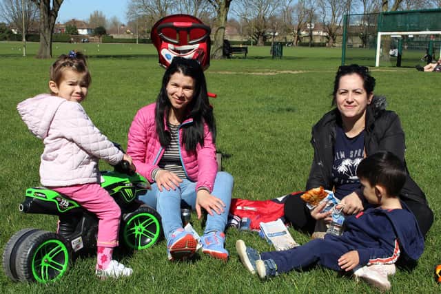 From left, Isabel, three, with mum Alexandra Emily, and their friends Angela Ximna and her son Stefan, also three. Picture: Emily Turner