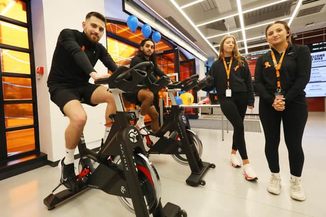 From left, Sydney Leverton, Aya Keder, Mike Saunders, the brains behind the fundraiser, Holly Cornwall, Mitu Rahman, Sophia Jarrom and Lilly Besley. Staff at the Nike Unite shop, Gunwharf Quays, Portsmouth, take part in a fundraiser for Ace Rewcastle's family
Picture: Chris Moorhouse (jpns 040223-01)