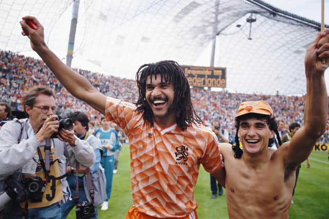 Ruud Gullit celebrates after captaining Holland to 1988 European Championships final victory against the USSR. Photo by Allsport/Getty Images.