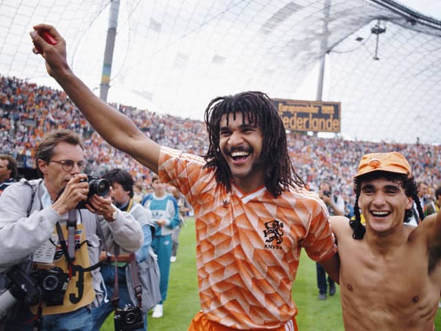 Ruud Gullit celebrates after captaining Holland to 1988 European Championships final victory against the USSR. Photo by Allsport/Getty Images.