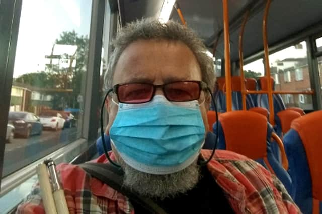 Angel Radio founder Tony Smith on the bus on his way to the studio in Havant