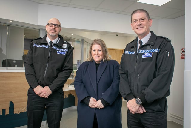 Reopening of Portsmouth Central Police Station on Tuesday 19th March 2024Pictured:  Police and Crime Commissioner, Donna Jones with Superintendent,  Mark Lewis and Chief Inspector, Andy McDonald at Portsmouth Central Police Station, Portsmouth.Picture: Habibur Rahman