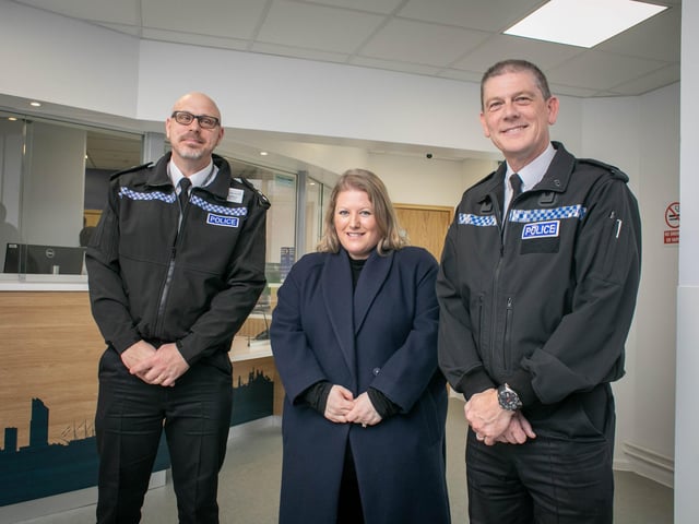 Reopening of Portsmouth Central Police Station on Tuesday 19th March 2024Pictured:  Police and Crime Commissioner, Donna Jones with Superintendent,  Mark Lewis and Chief Inspector, Andy McDonald at Portsmouth Central Police Station, Portsmouth.Picture: Habibur Rahman