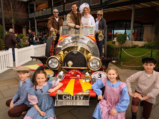 Pictured is: Caractacus Potts with Truly Scrumptious, and Nick and Carolyn Pointing and the children who will play Jemima and Jeremy PottsPicture: Keith Woodland (180321-38)
