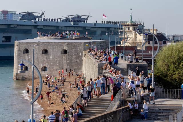 HMS Queen Elizabeth leaves Portsmouth on 21 September 2020. View from Square Tower, Old Portsmouth.
Picture: Habibur Rahman