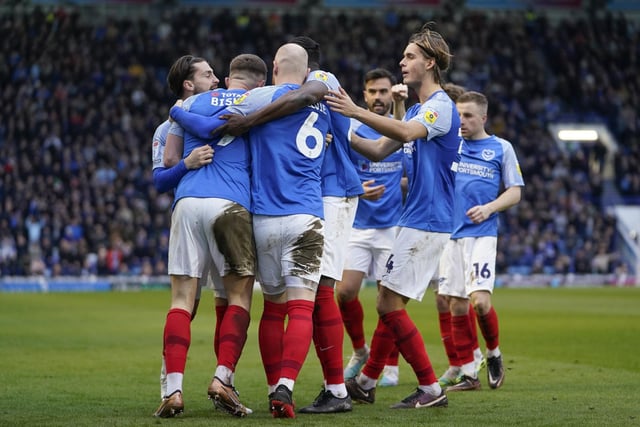 Pompey celebrate Colby Bishop's opening goal in last Saturday's 1-1 draw with Barnsley.