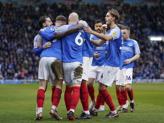 Pompey celebrate Colby Bishop's opening goal in last Saturday's 1-1 draw with Barnsley.