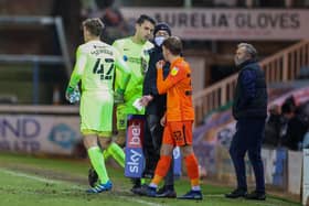 Duncan Turnbull is replaced by Taylor Seymour, with both keepers making their Pompey debuts in the 5-1 defeat at Peterborough. Picture: Nigel Keene/ProSportsImages