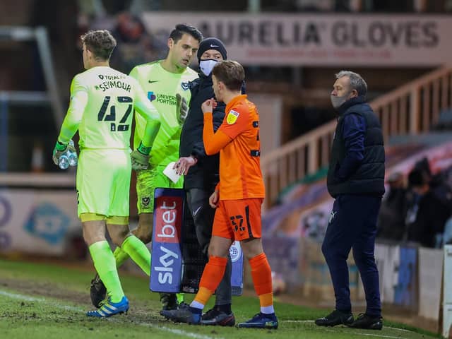 Duncan Turnbull is replaced by Taylor Seymour, with both keepers making their Pompey debuts in the 5-1 defeat at Peterborough. Picture: Nigel Keene/ProSportsImages
