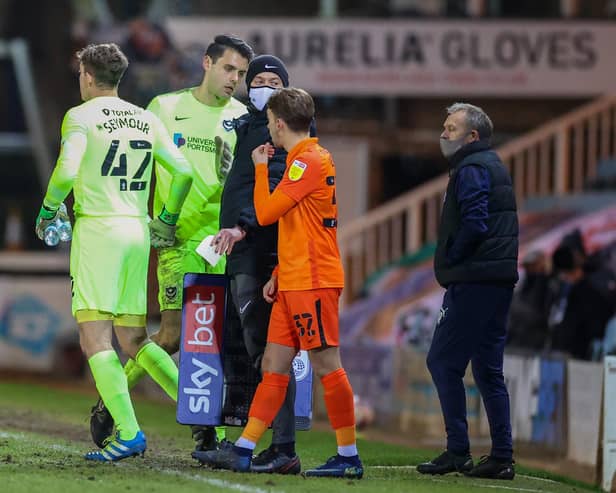 Duncan Turnbull is replaced by Taylor Seymour, with both keepers making their Pompey debuts in the 5-1 defeat at Peterborough. Picture: Nigel Keene/ProSportsImages