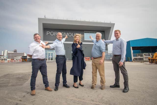 From L to R: Jason Ellam-Brown, principal project manager, Mike Sellers, Portsmouth International Port director, Penny Mordaunt, Portsmouth North MP, Cllr Gerald Vernon-Jackson and Andrew Williamson, head of cruise and ferry at the port, outside the new ferry terminal. Picture: Habibur Rahman.