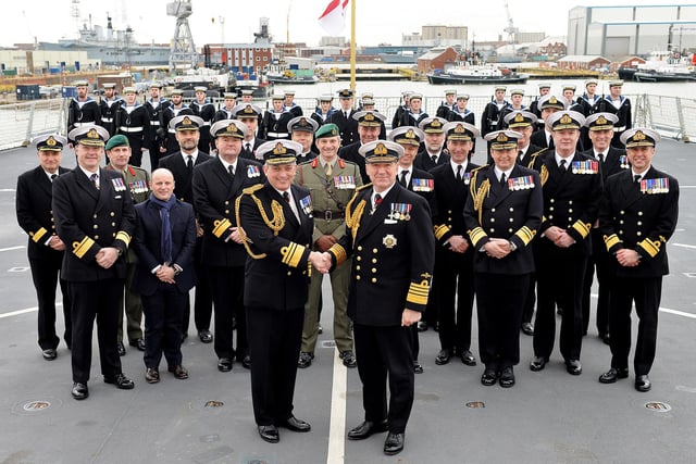10th February 2016.
The Royal Navy has welcomed its newly-appointed Fleet Commander at a handover ceremony in Portsmouth.
Vice Admiral Ben Key CBE takes up the role from outgoing Fleet Commander Vice Admiral Sir Philip Jones KCB  who is to be promoted Admiral and appointed First Sea Lord and Chief of Naval Staff in succession to Admiral Sir George Zambellas GCB DSC ADC DL.
The ceremony took place on HMS Dauntless with the signing of the official handover documents held on the flight deck in front of the ship’s company and family members.