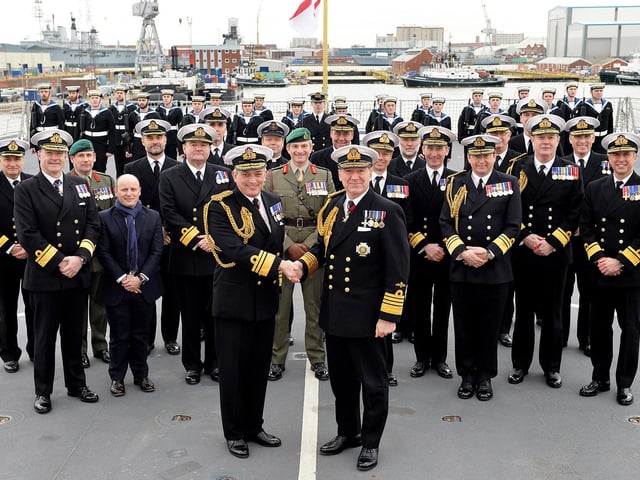 10th February 2016.
The Royal Navy has welcomed its newly-appointed Fleet Commander at a handover ceremony in Portsmouth.
Vice Admiral Ben Key CBE takes up the role from outgoing Fleet Commander Vice Admiral Sir Philip Jones KCB who is to be promoted Admiral and appointed First Sea Lord and Chief of Naval Staff in succession to Admiral Sir George Zambellas GCB DSC ADC DL.
The ceremony took place on HMS Dauntless with the signing of the official handover documents held on the flight deck in front of the ship’s company and family members.