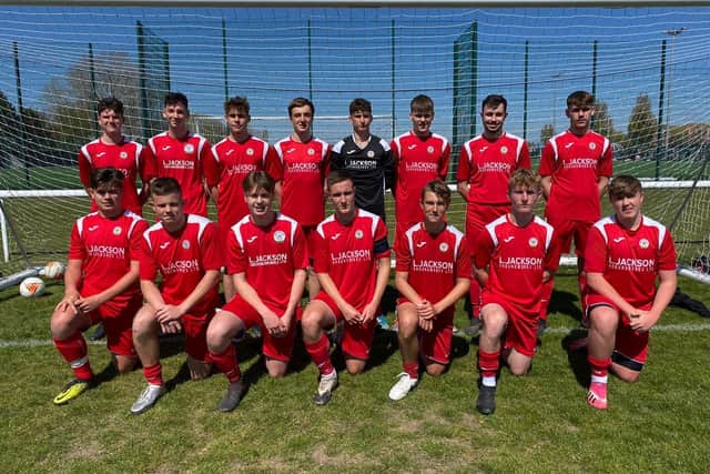 Horndean under-18s title-winning team. Back (from left): Josh Barnden, Joe Adams, Sam Jones, Owen Perkins, Lewis Mees, Joe Rye, Brandon Crawford, Brandon McKinnon. Front: Martin Buckland, Kenzie Morgan, Max Innalls, Evan Harris, Mason Garvey, Zac Brownlie, Lawrence Cooper.