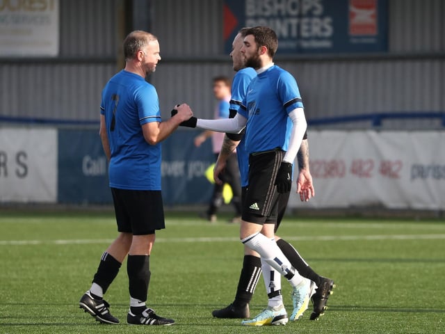 Harry Knight celebrates after scoring his third goal and Eastney's fifth. Picture: Stuart Martin