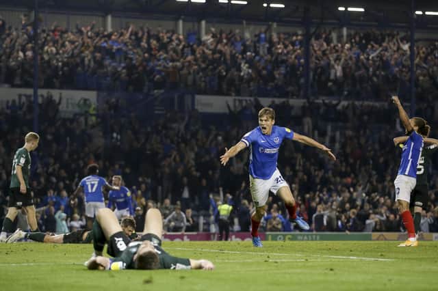 Fratton Park erupts as Sean Raggett bags a dramatic stoppage-time equaliser against Plymouth. Picture: Robin Jones/Getty Images