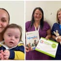 Jade and son Henry and, right, Alice Osborne, Portsmouth DSA manager, and Julia Langley, Antenatal and Newborn Screening Specialist
