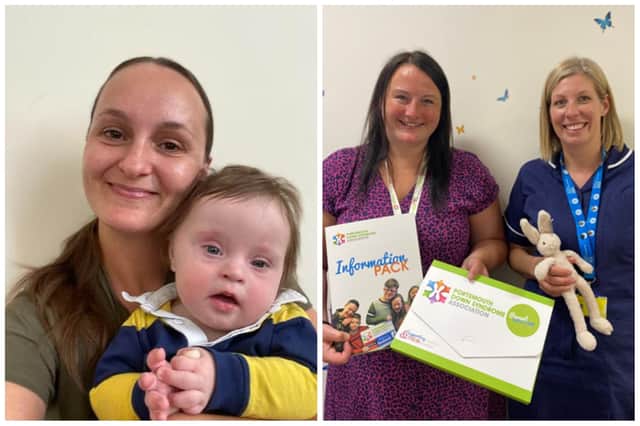 Jade and son Henry and, right, Alice Osborne, Portsmouth DSA manager, and Julia Langley, Antenatal and Newborn Screening Specialist