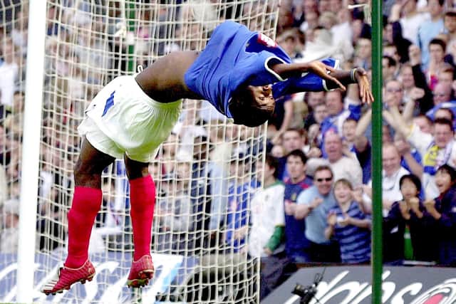 Lomana Lualua celebrates scoring against Southampton in April 2005