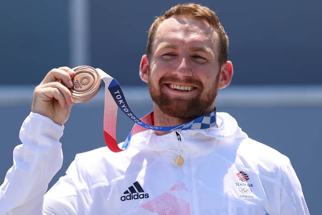 TOKYO, JAPAN - AUGUST 01: Bronze Medalist Declan Brooks of Team Great Britain poses for a picture on the podium after Men's Park Final of the BMX Freestyle on day nine of the Tokyo 2020 Olympic Games at Ariake Urban Sports Park on August 01, 2021 in Tokyo, Japan. (Photo by Ezra Shaw/Getty Images)