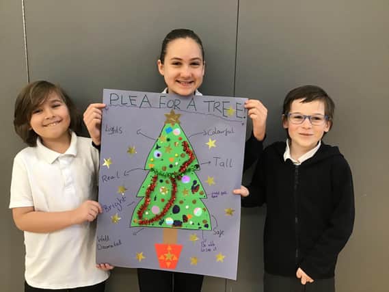 Oliver Jackson, 9, Briana Bildea, 10, and Alfie Valentine, 9, with their Plea for a Tree poster.