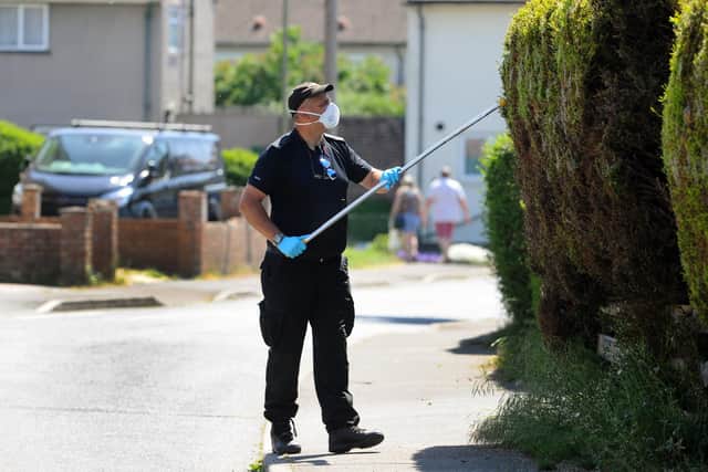 Police at the scene in Tichborne Grove, Leigh Park, on Monday, May 25, 2020, where George Allison was stabbed on Saturday evening, May 23.
Picture: Sarah Standing (250520-2737)